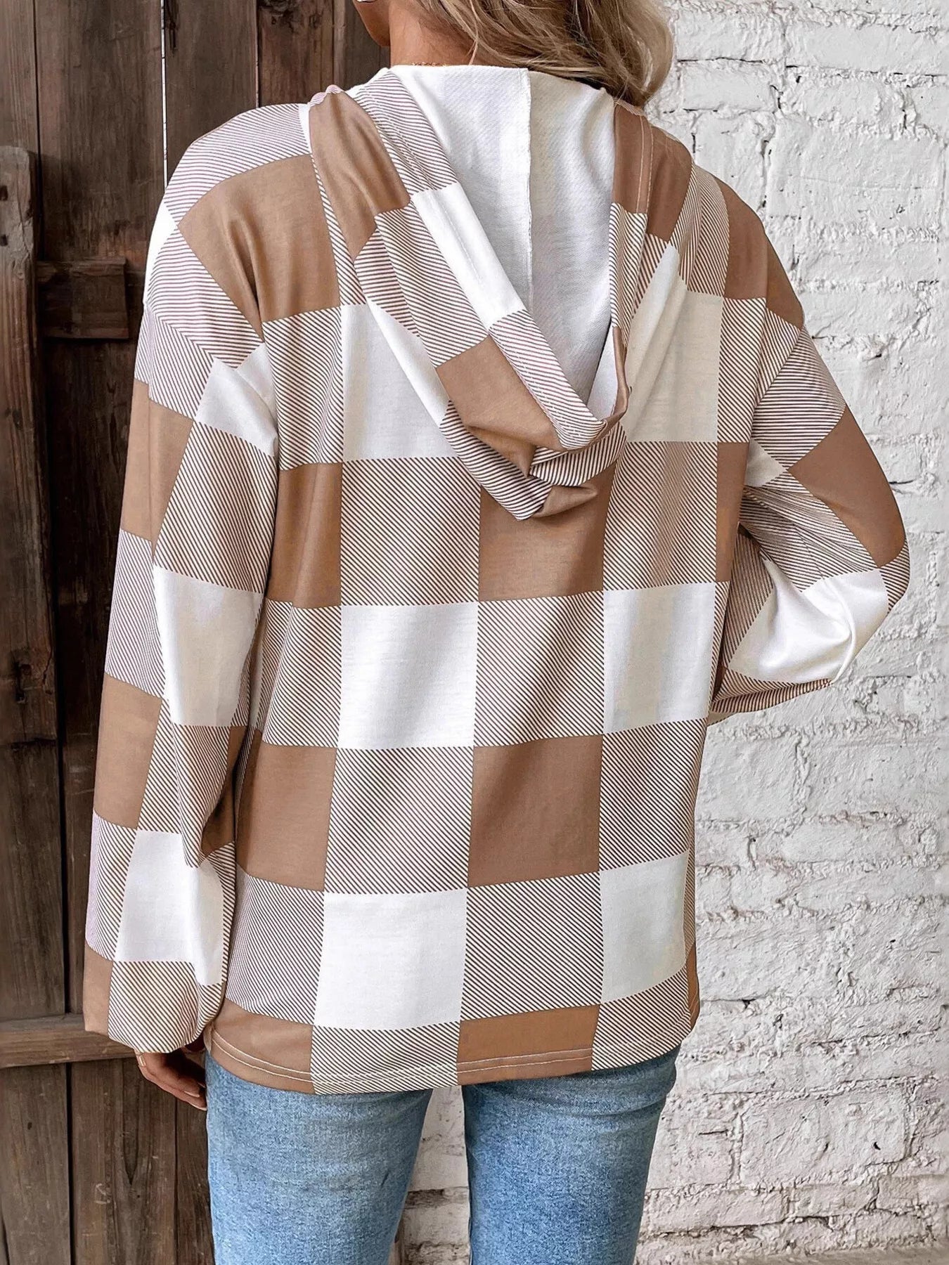 Casual Plaid Button Detail Hoodie - MDX Global Store
