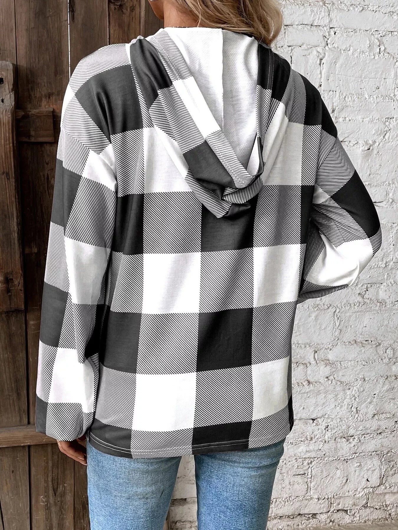 Casual Plaid Button Detail Hoodie - MDX Global Store
