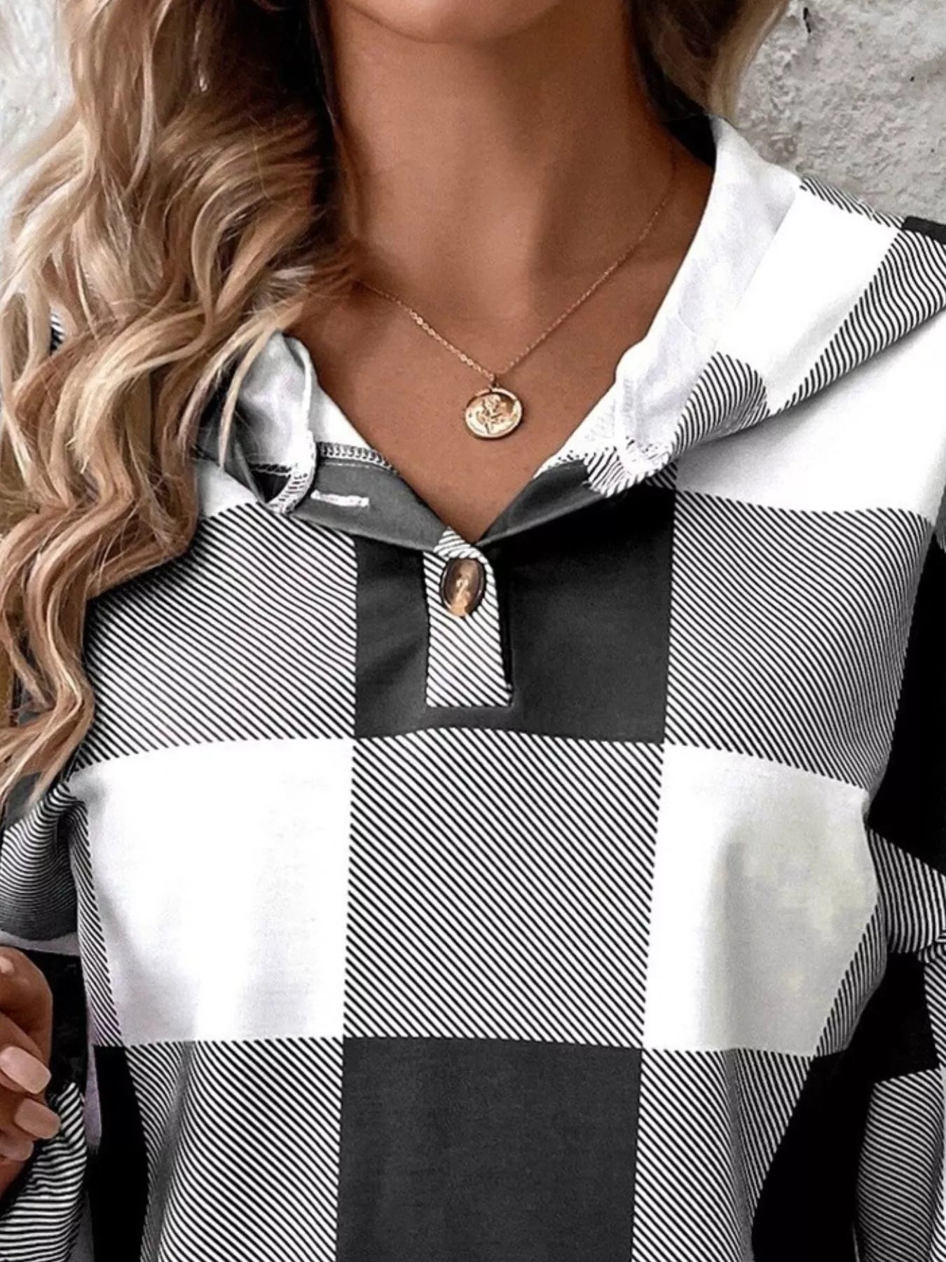 Casual Plaid Button Detail Hoodie - MDX Global Store
