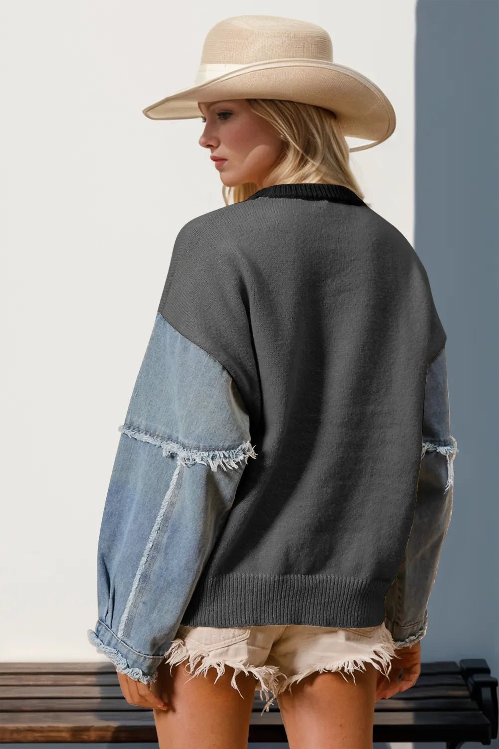 Double Take Full Size Star Pattern Raw Edge Long Sleeve Sweater - MDX Global Store