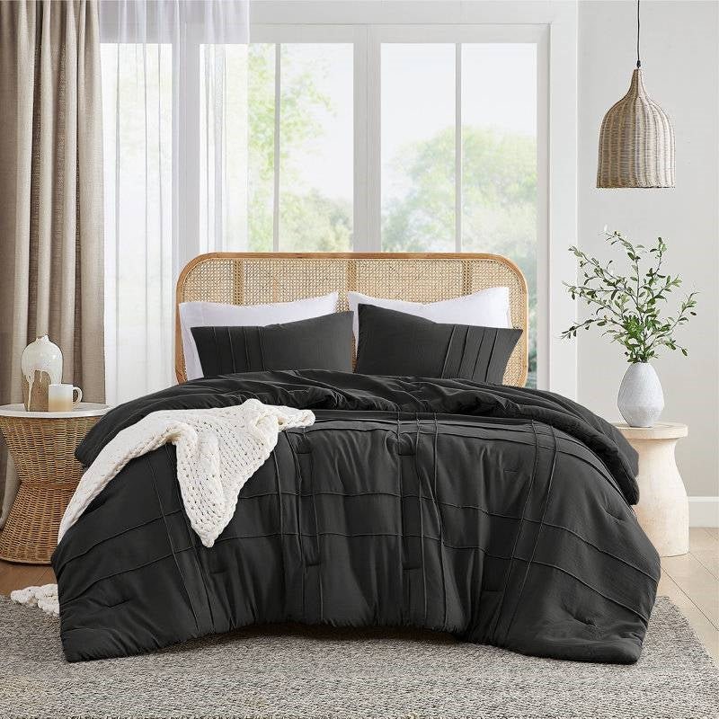 King size Pre - Washed Pleated Microfiber Comforter Set in Black - MDX Global Store