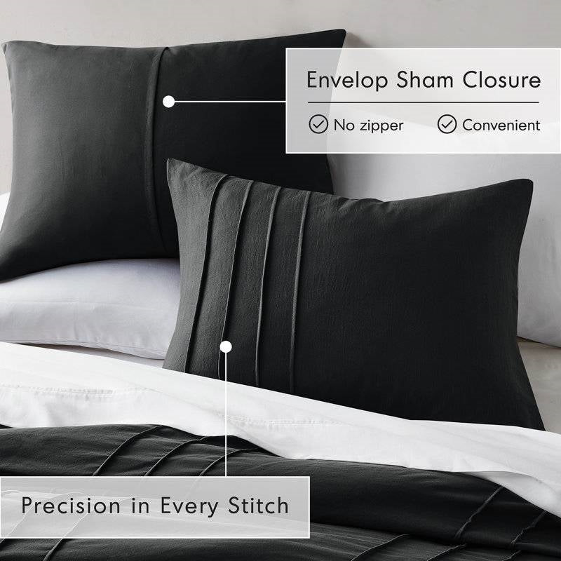 King size Pre - Washed Pleated Microfiber Comforter Set in Black - MDX Global Store