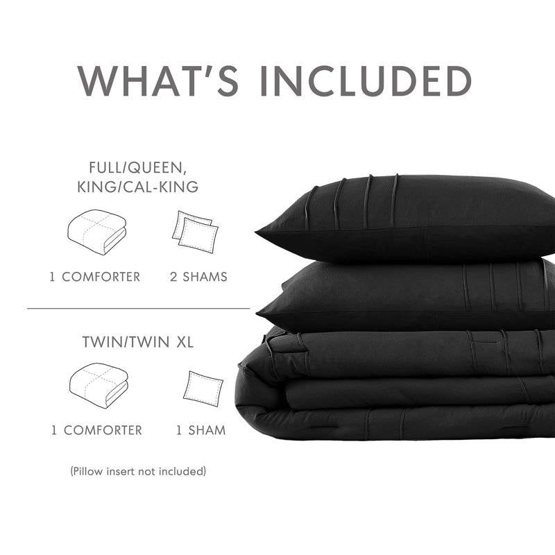 King size Pre - Washed Pleated Microfiber Comforter Set in Black - MDX Global Store