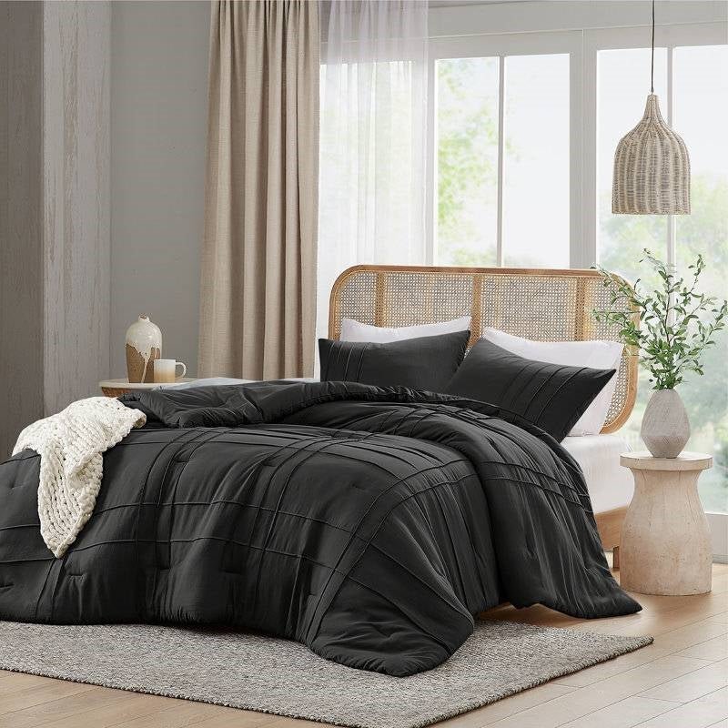 King size Pre - Washed Pleated Microfiber Comforter Set in Black - MDX Global Store
