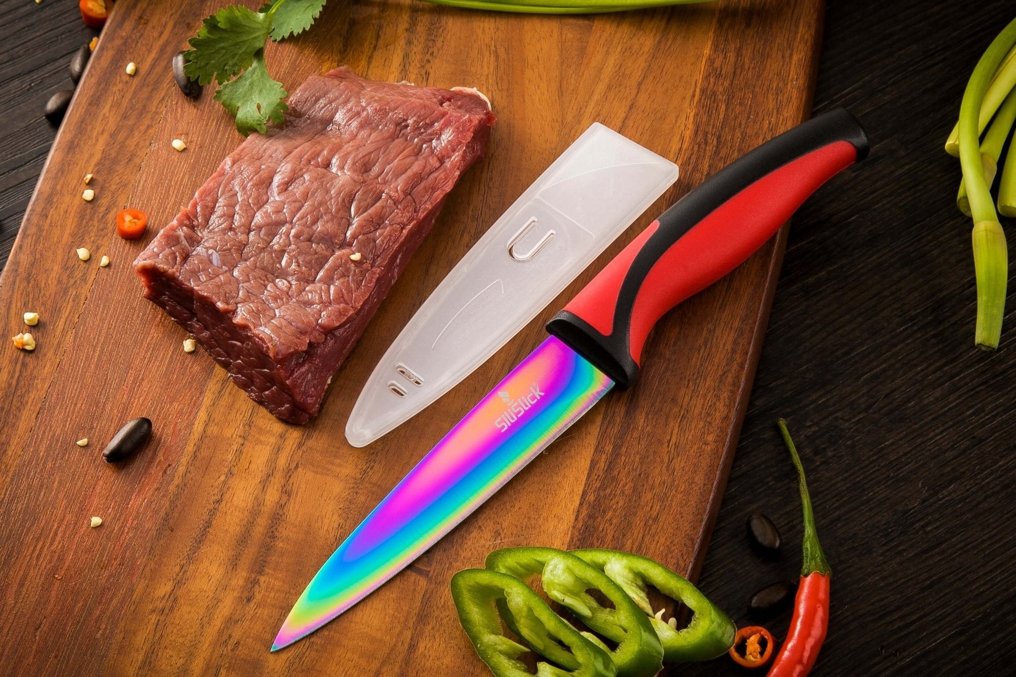 Kitchen Knife Set Kit | Red Handle & Black Magnetic Rack - MDX Global Store
