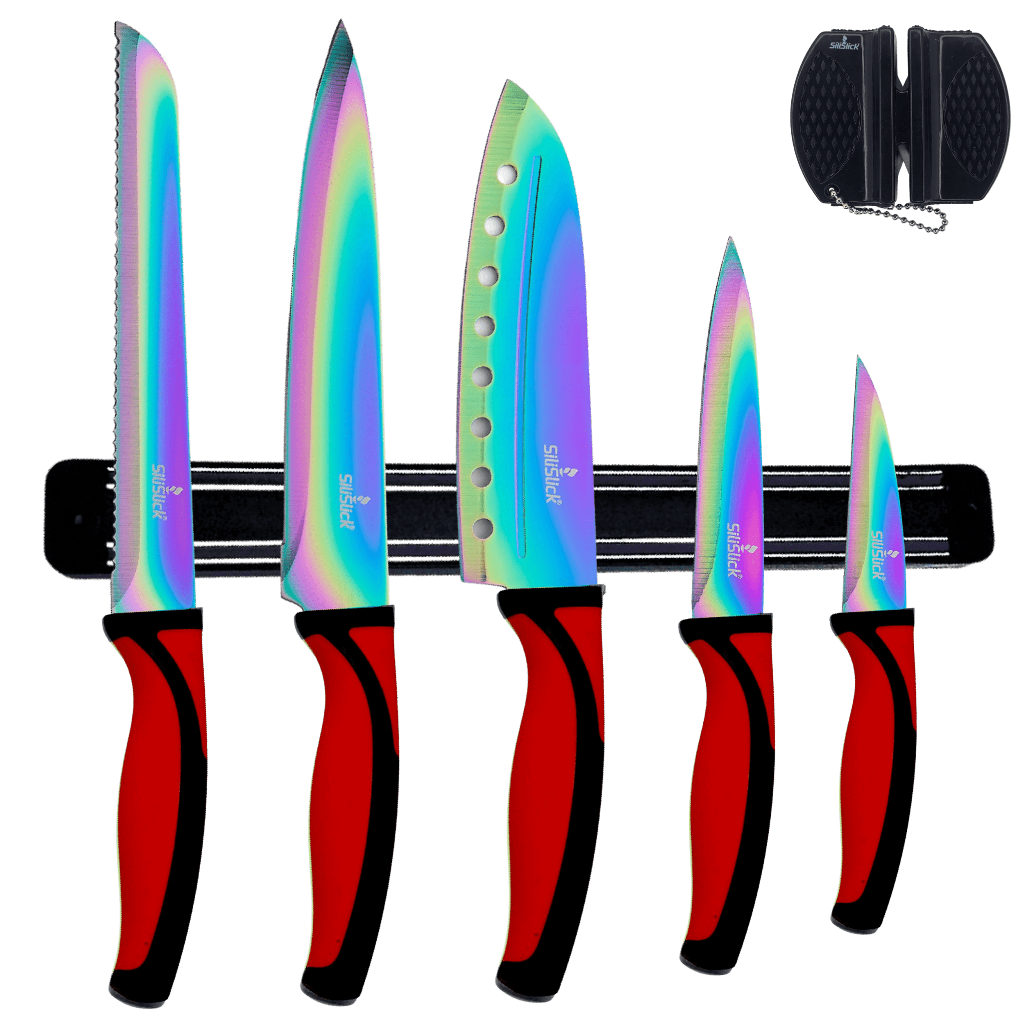 Kitchen Knife Set Kit | Red Handle & Black Magnetic Rack - MDX Global Store