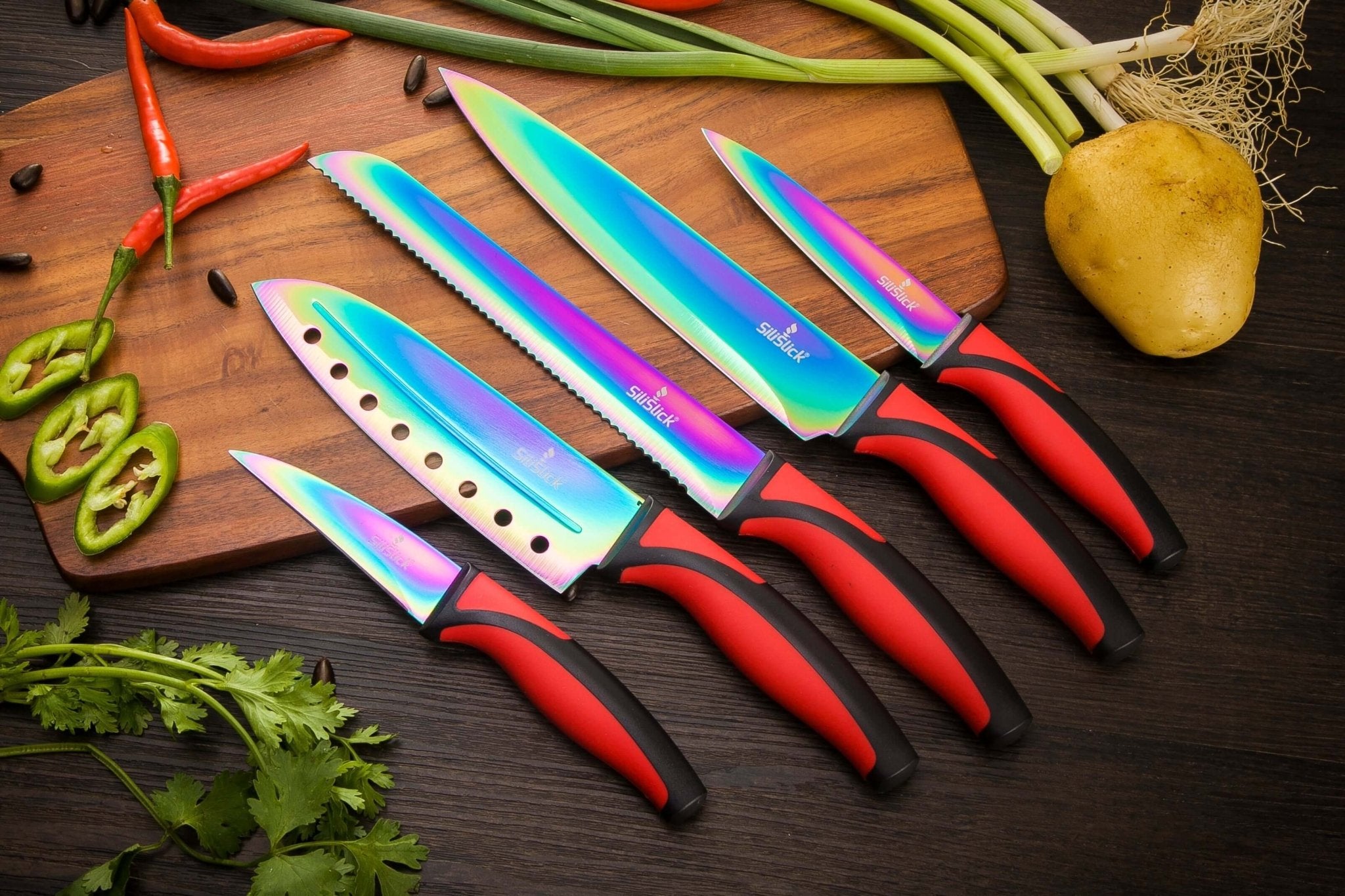 Kitchen Knife Set Kit | Red Handle & Black Magnetic Rack - MDX Global Store
