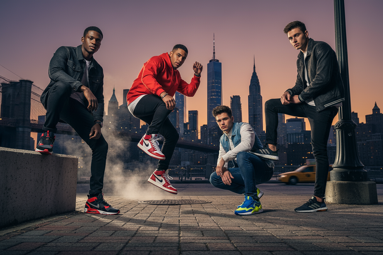 4 muchachos hermosos modelando zapatillas nike Jordan puma Adidas .las zapatillas tienen que resaltarse por que es lo que se va a vender y el fondo que sea la gran manzana 