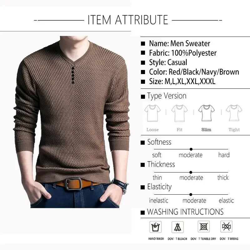 TFETTERS 2025 Men Sweater Casual V-Neck Pullover Men Spring Autumn Slim Sweaters Long Sleeve Mens Sweater Knitted Shirt Homme