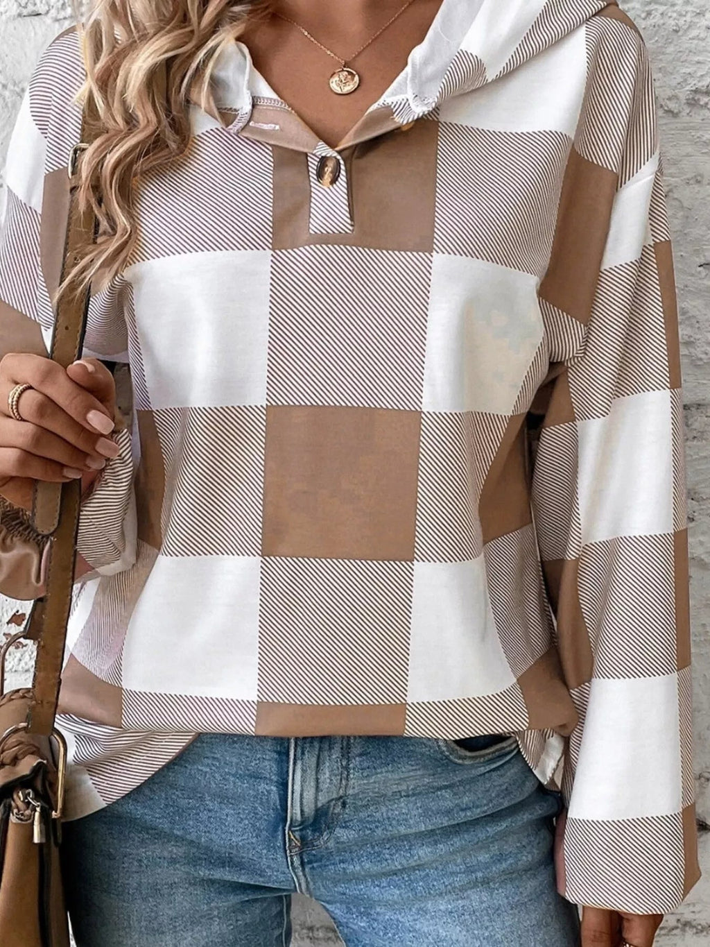 Casual Plaid Button Detail Hoodie - MDX Global Store