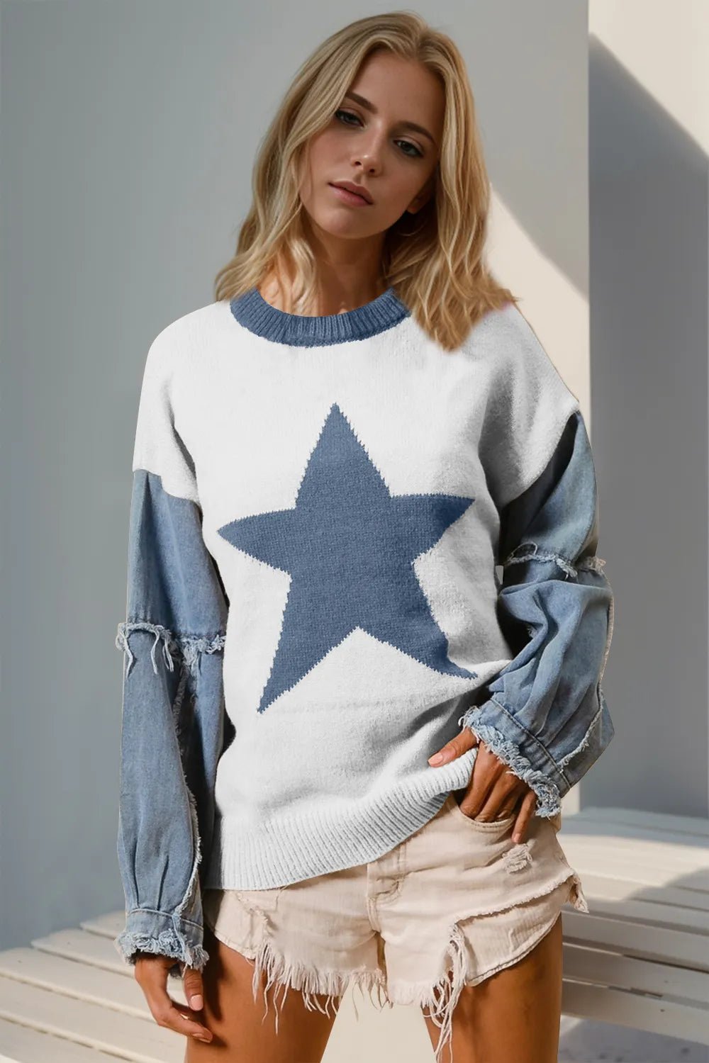 Double Take Full Size Star Pattern Raw Edge Long Sleeve Sweater - MDX Global Store