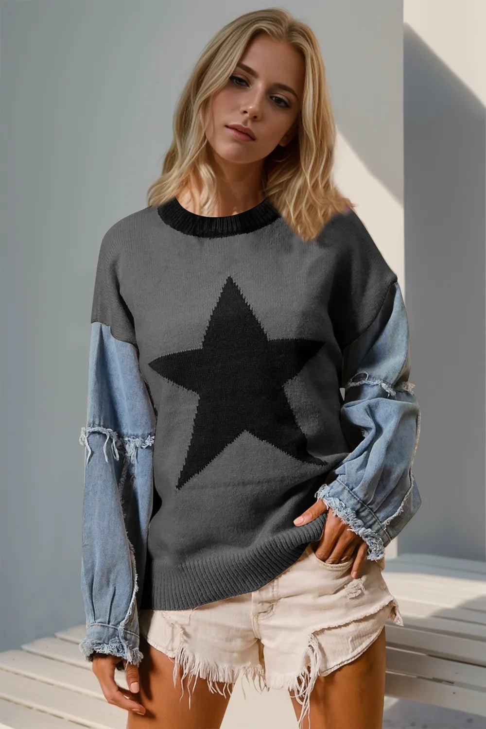 Double Take Full Size Star Pattern Raw Edge Long Sleeve Sweater - MDX Global Store