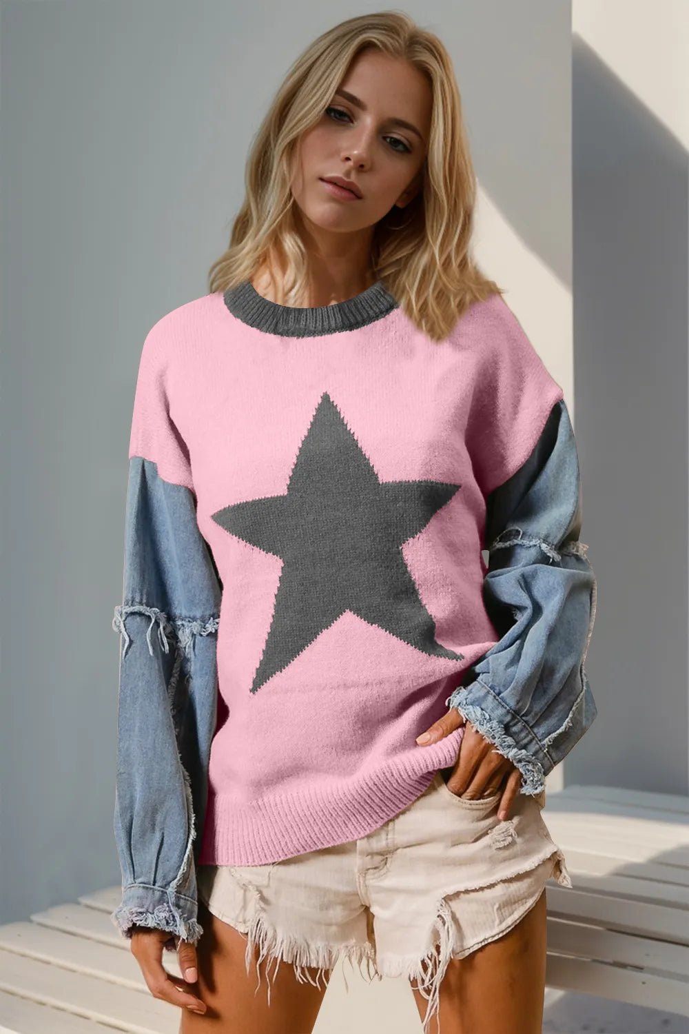 Double Take Full Size Star Pattern Raw Edge Long Sleeve Sweater - MDX Global Store
