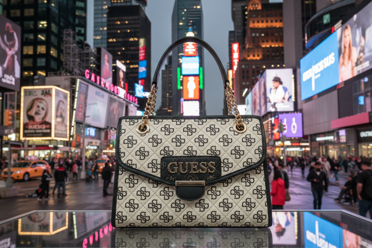 genera 3 carteras o bolsos de mujer de la marca guess Calvin Klein y Tommy Hilfiger , que se vean las marcas y que los productos estén en tendencia sooi las carteras o bolsos y en un fon do del Times Square