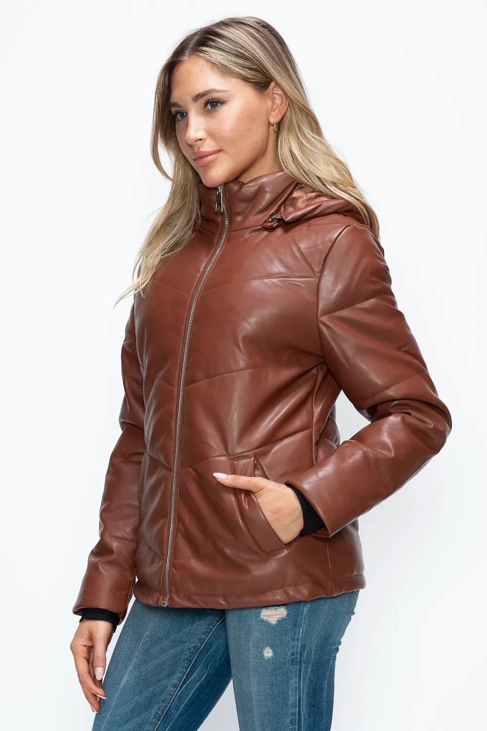 How Dare U Pocketed Zip Up Puffer Jacket with Removable Hood - MDX Global Store