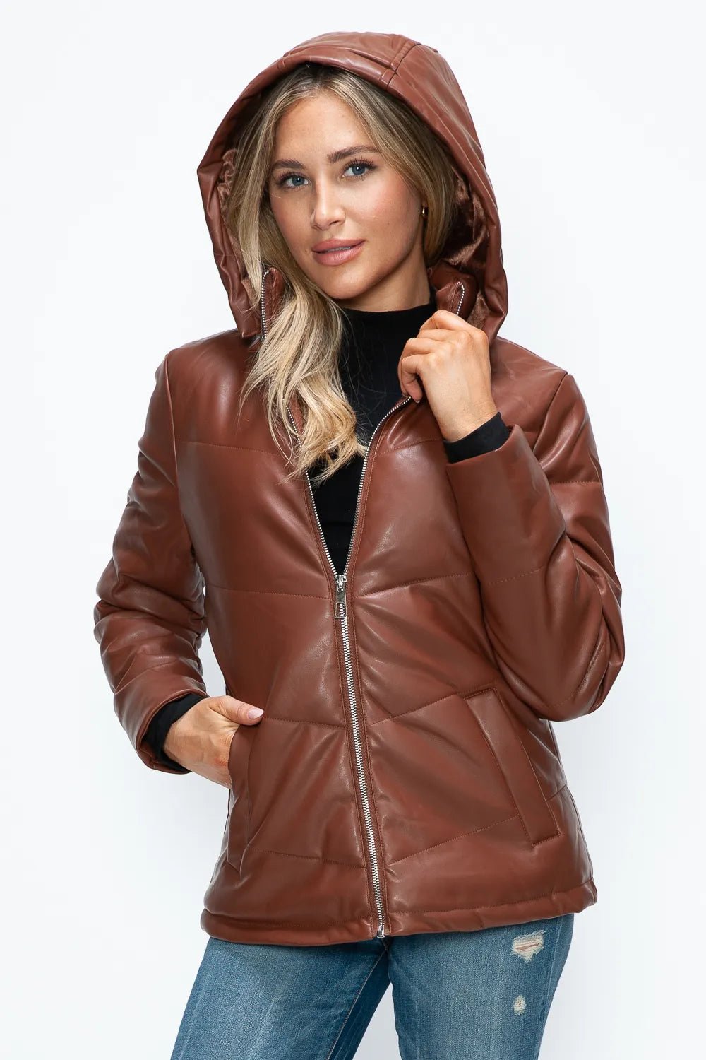 How Dare U Pocketed Zip Up Puffer Jacket with Removable Hood - MDX Global Store
