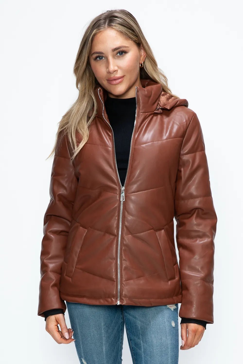 How Dare U Pocketed Zip Up Puffer Jacket with Removable Hood - MDX Global Store