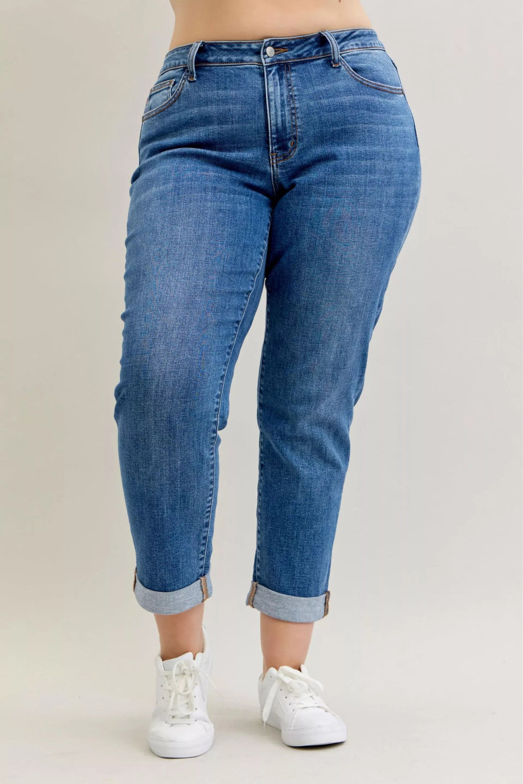 Judy Blue Full Size Mid Rise BF Classic Cuffed Jeans Plus Size - MDX Global Store