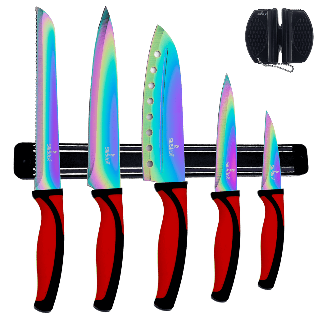 Kitchen Knife Set Kit | Red Handle & Black Magnetic Rack - MDX Global Store