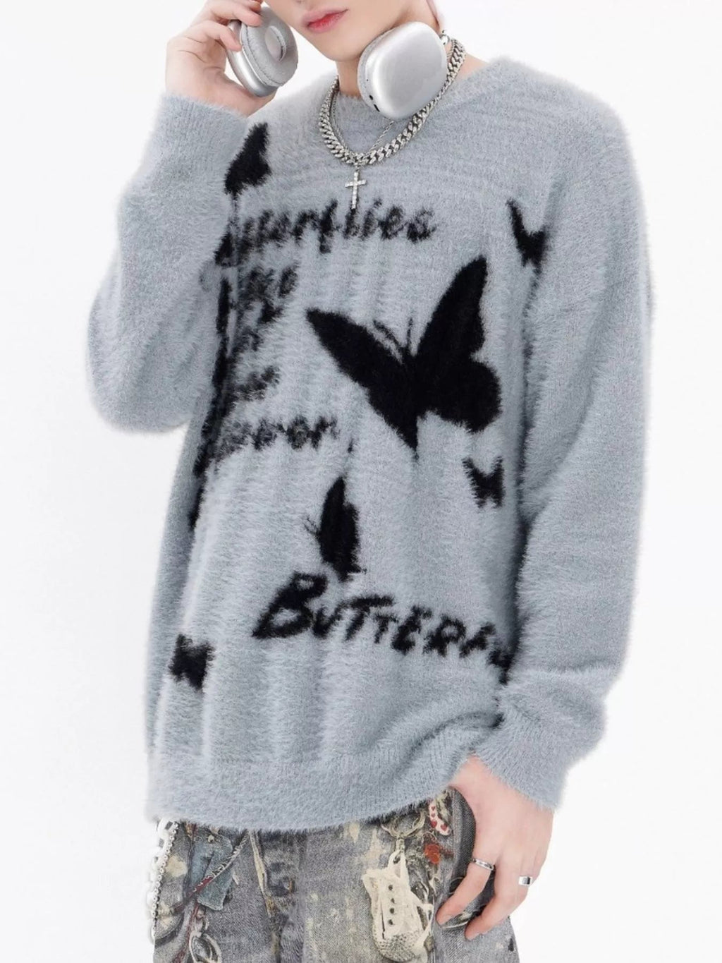 Men's Butterfly Fuzzy Round Neck Sweater - MDX Global Store