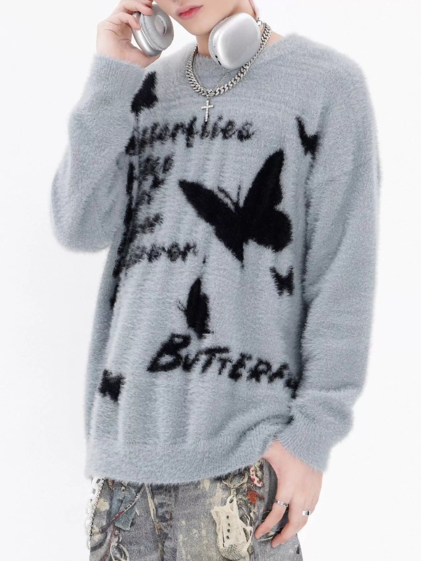 Men's Butterfly Fuzzy Round Neck Sweater - MDX Global Store