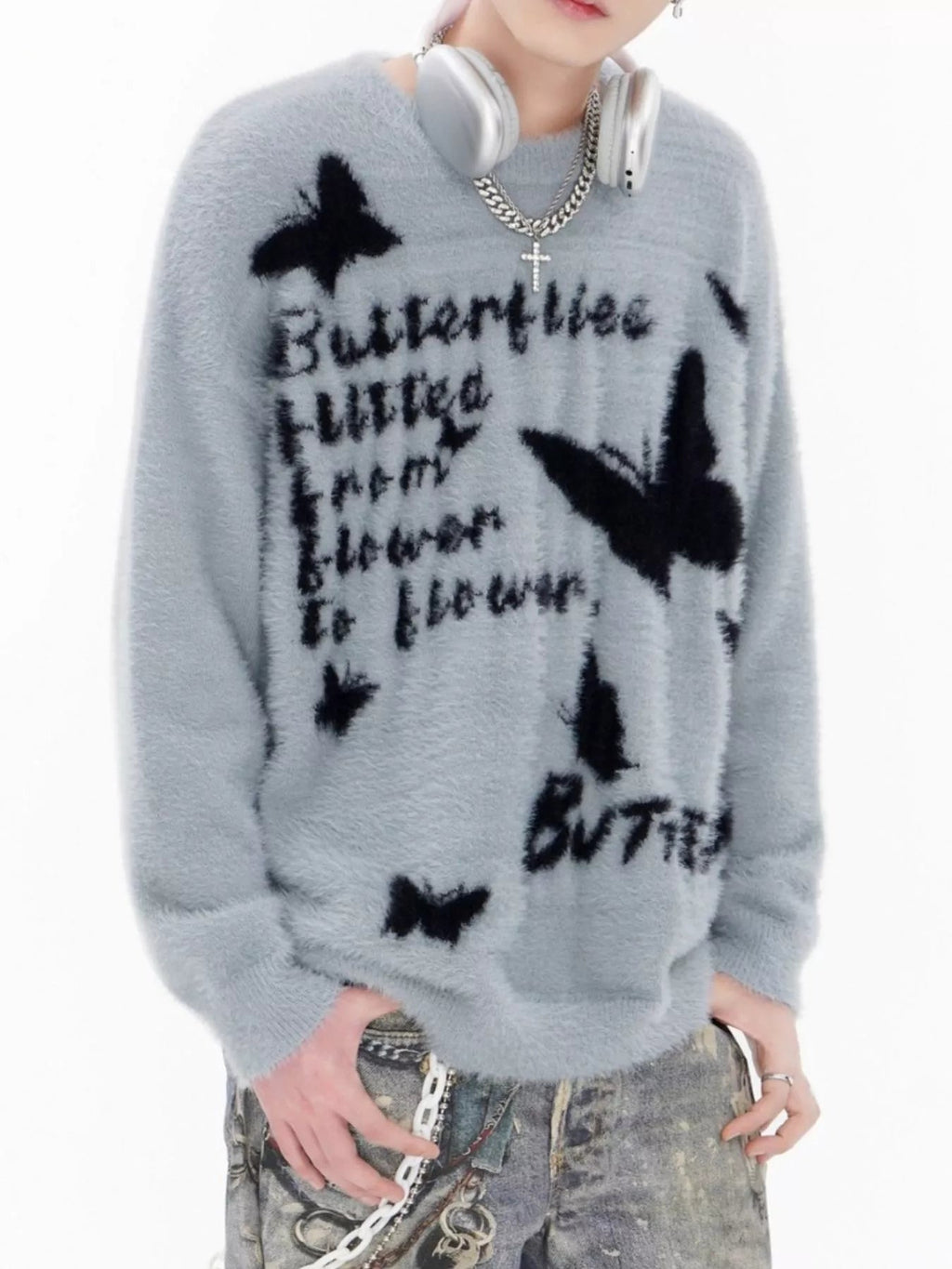 Men's Butterfly Fuzzy Round Neck Sweater - MDX Global Store