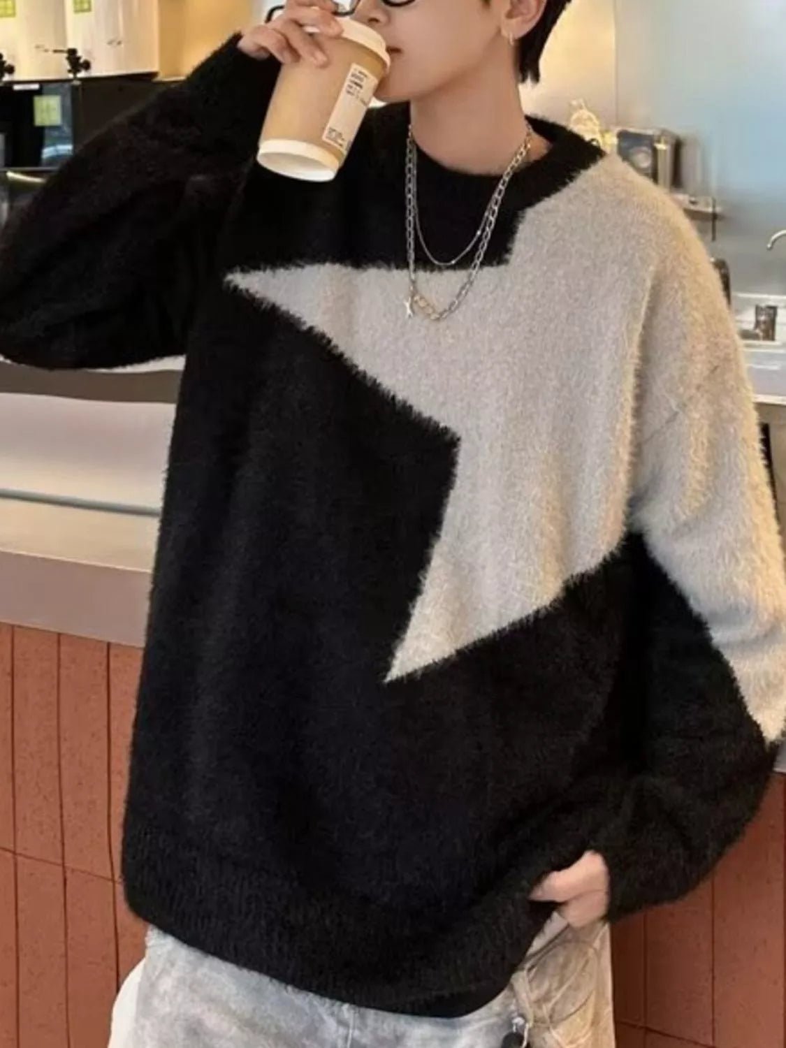 Men's Color Block Fuzzy Knit Sweater - MDX Global Store