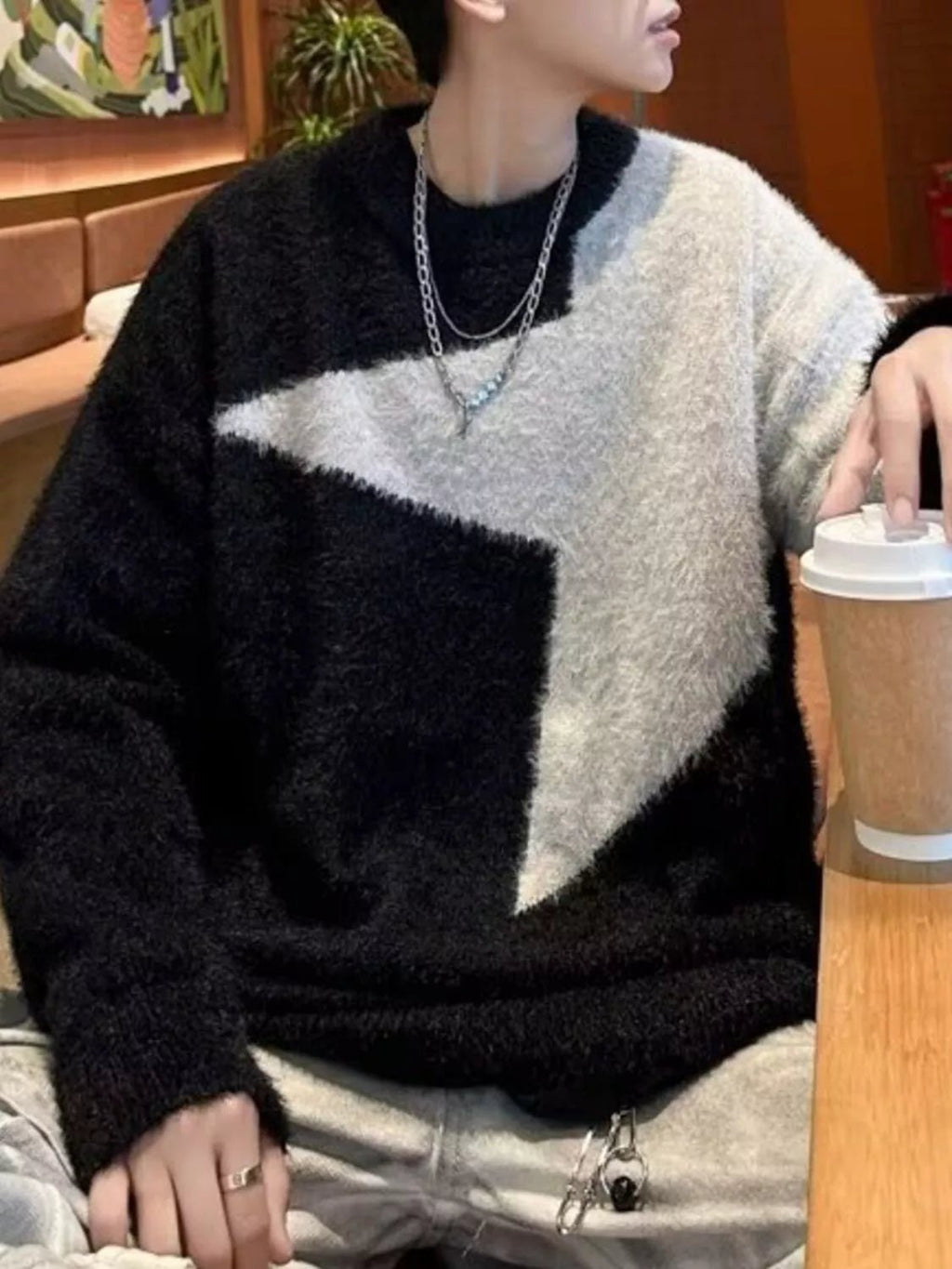 Men's Color Block Fuzzy Knit Sweater - MDX Global Store