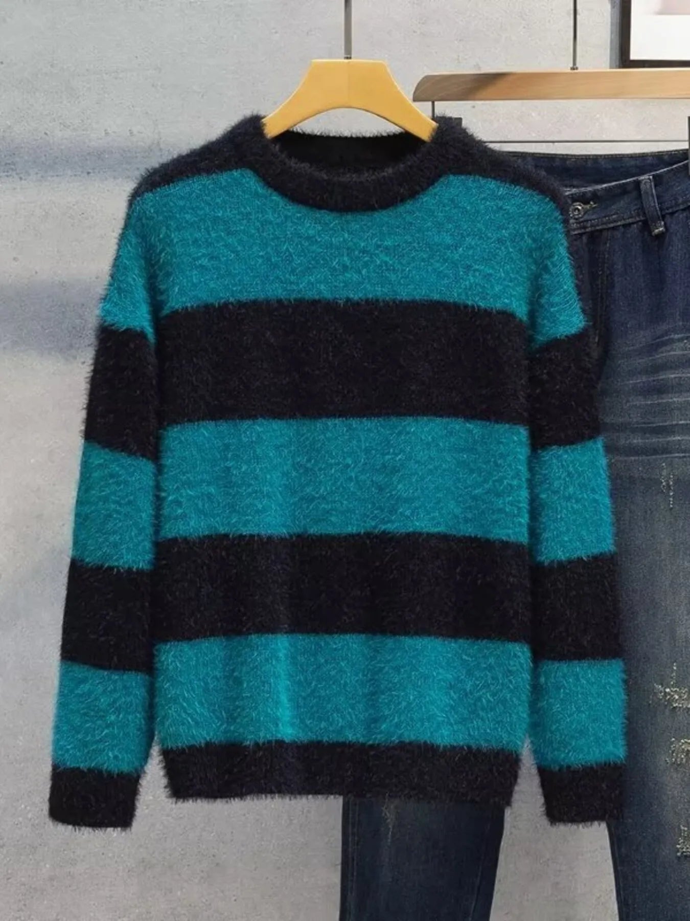 Men's Plus Size Striped Fuzzy Knit Pullover Sweater - MDX Global Store