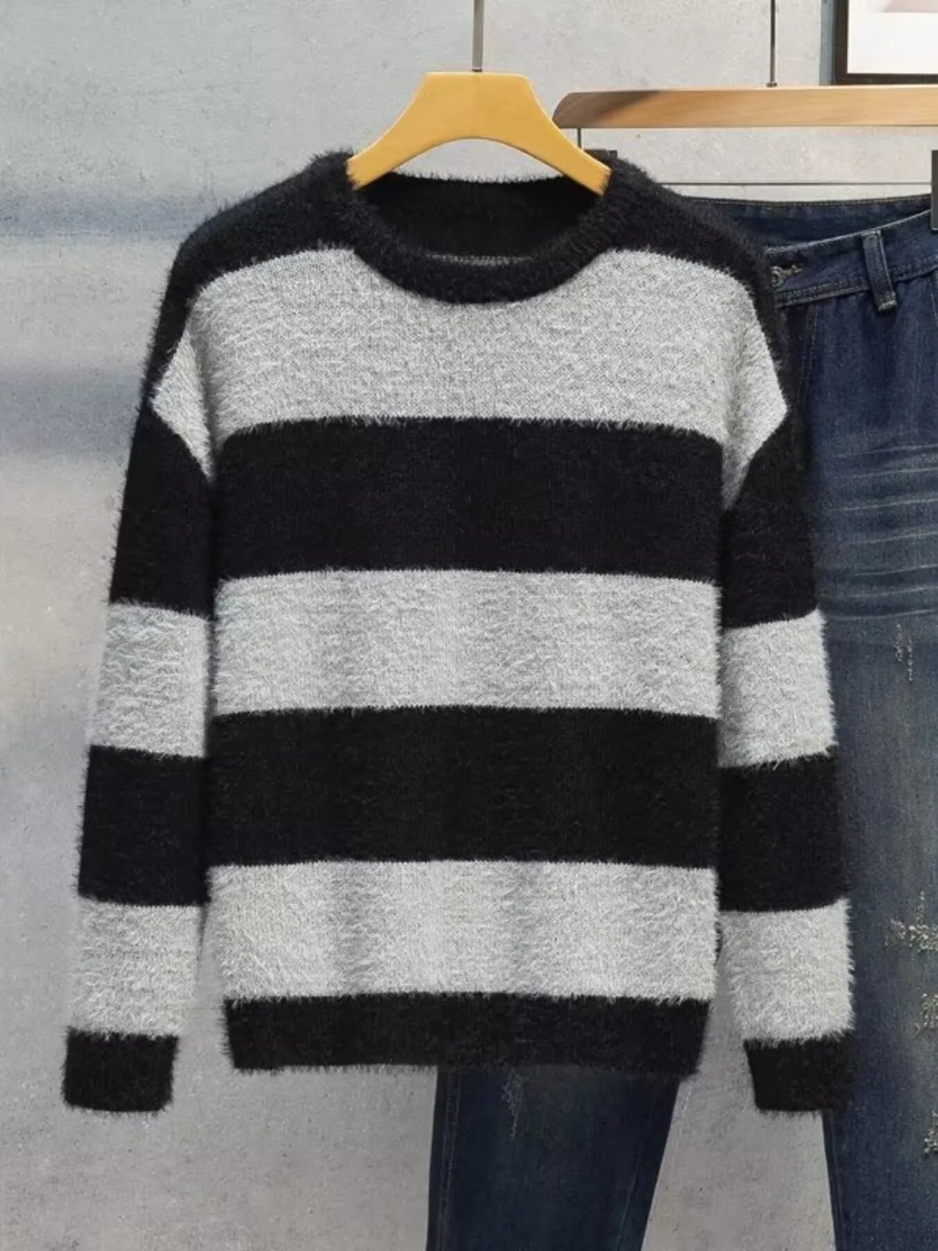 Men's Plus Size Striped Fuzzy Knit Pullover Sweater - MDX Global Store