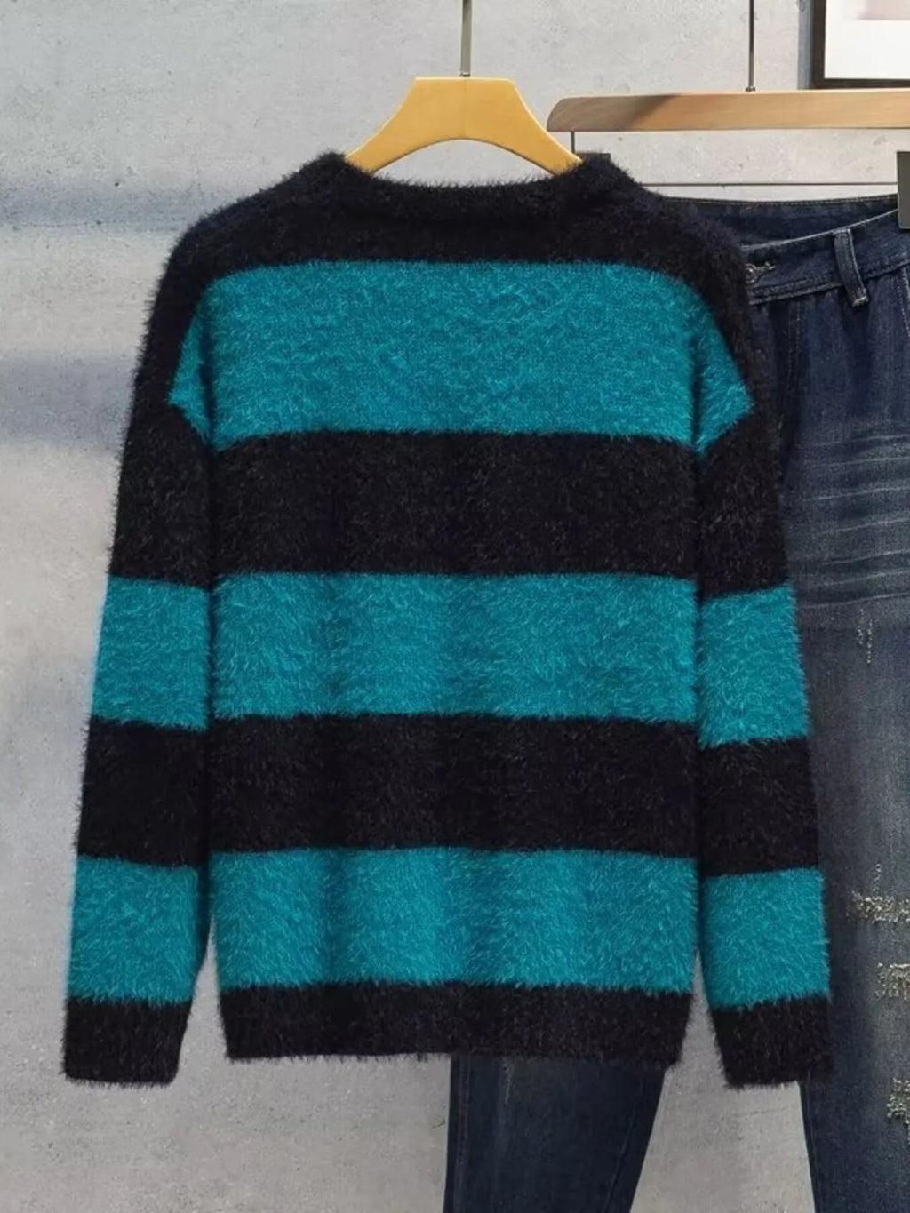 Men's Plus Size Striped Fuzzy Knit Pullover Sweater - MDX Global Store