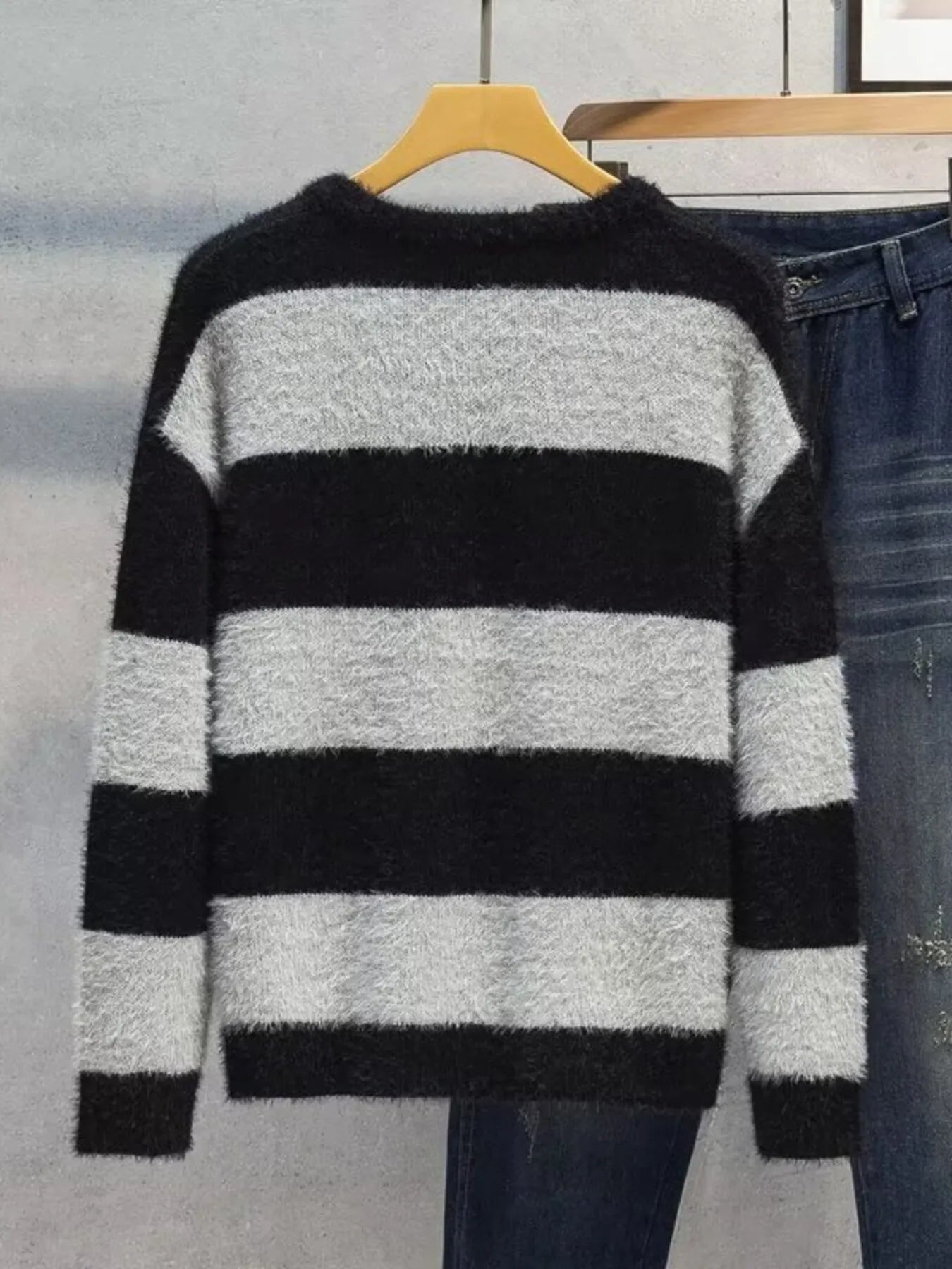 Men's Plus Size Striped Fuzzy Knit Pullover Sweater - MDX Global Store