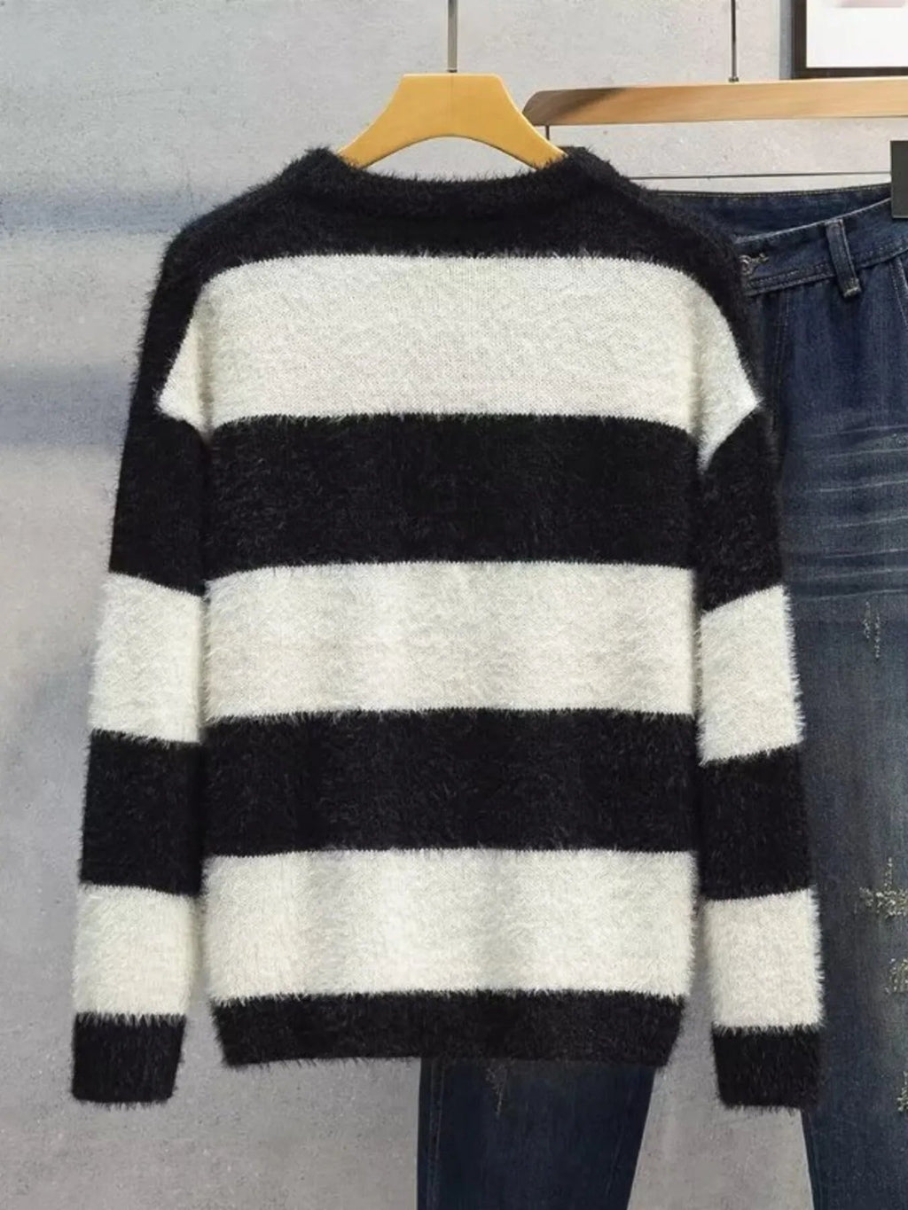 Men's Plus Size Striped Fuzzy Knit Pullover Sweater - MDX Global Store