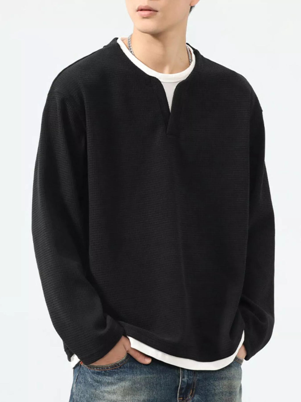 Men's Plus Size Waffle Knit Long Sleeve Top - MDX Global Store