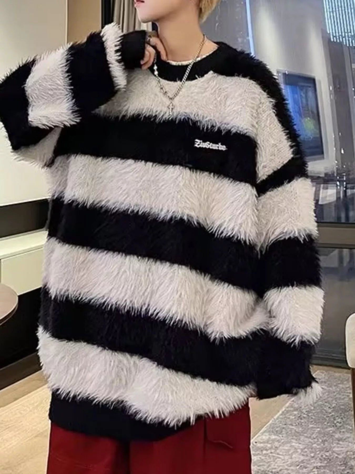 Men's Striped Fuzzy Knit Pullover Sweater - MDX Global Store