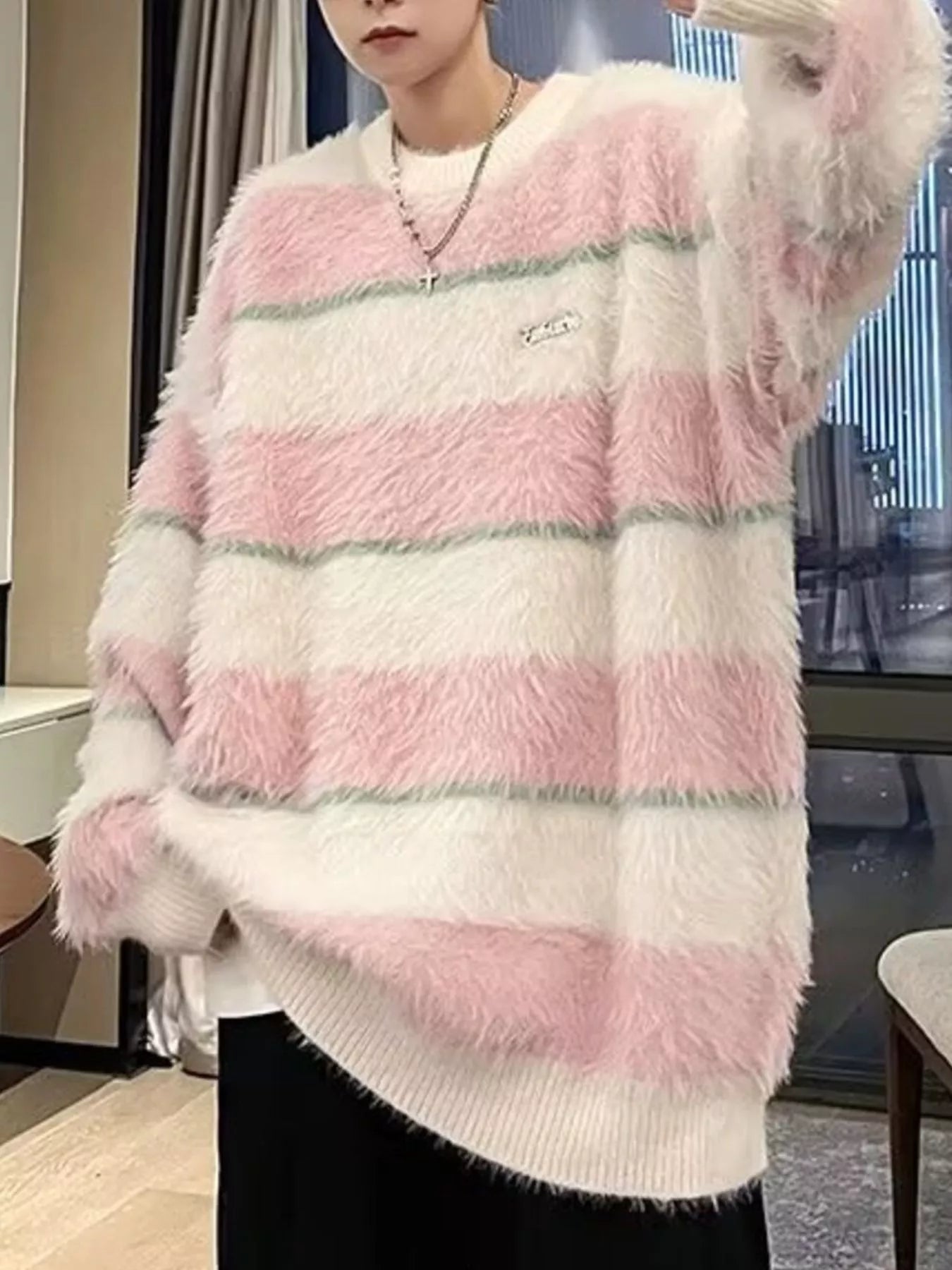 Men's Striped Fuzzy Knit Pullover Sweater - MDX Global Store