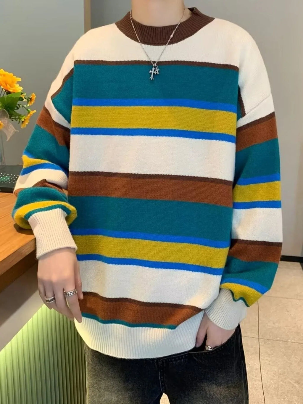 Men's Striped Knit Long Sleeve Sweater - MDX Global Store