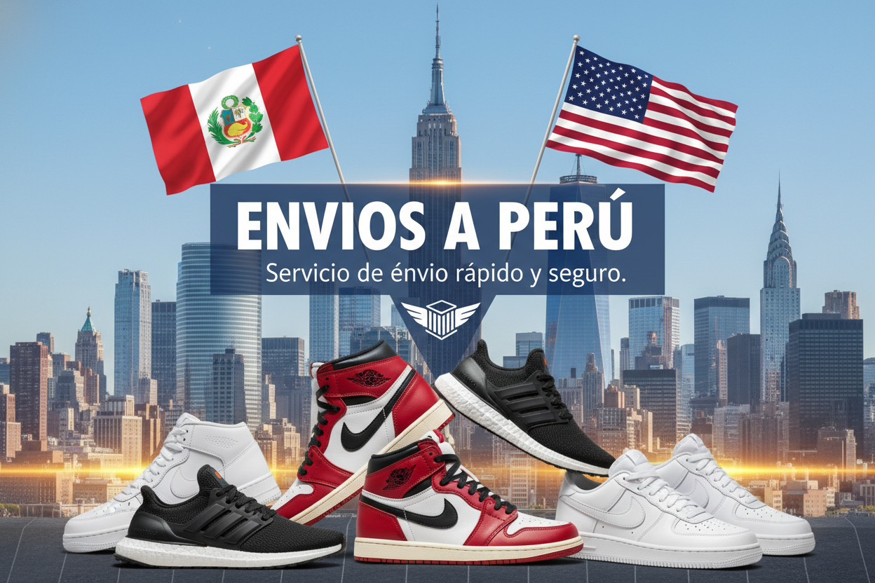 necesito la imagen que anuncie  ENVIOS A PERU Servicio de envio rápido y seguro , fondo de Nueva York centro financiero , bandera de peru bandera de Estados Unidos , zapatillas de marca nike , jordán, adidas 