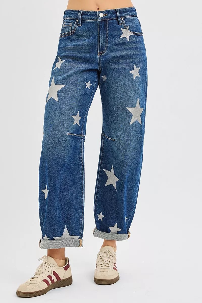 RISEN Mid Rise Ankle Length Relaxed Barrel Star Printed Jeans - MDX Global Store
