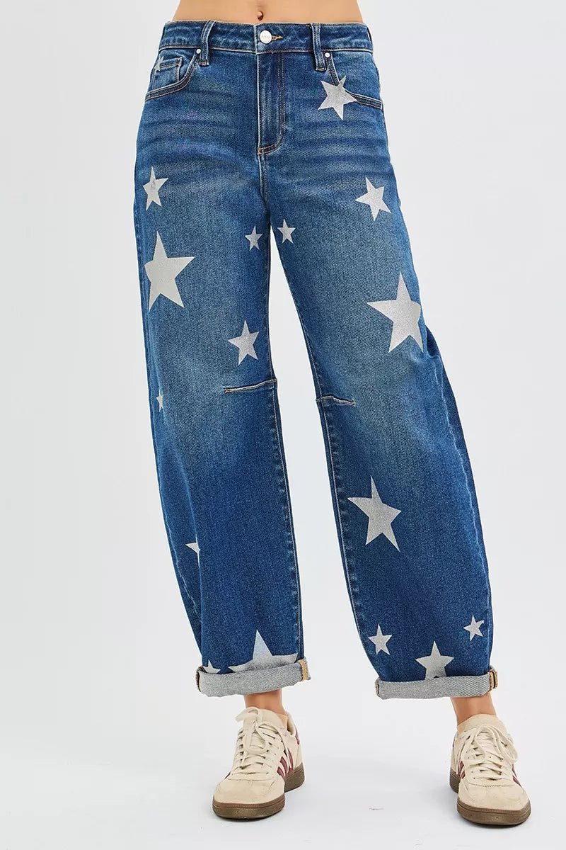 RISEN Mid Rise Ankle Length Relaxed Barrel Star Printed Jeans - MDX Global Store