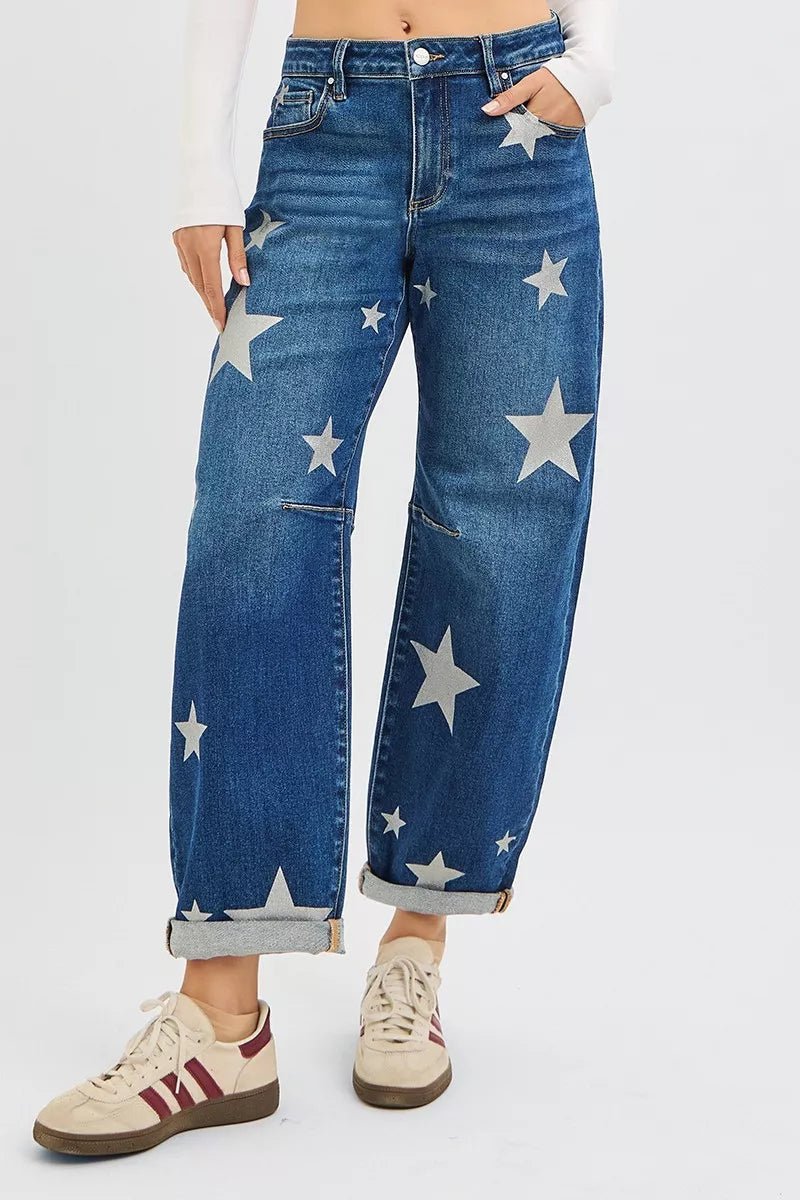 RISEN Mid Rise Ankle Length Relaxed Barrel Star Printed Jeans - MDX Global Store