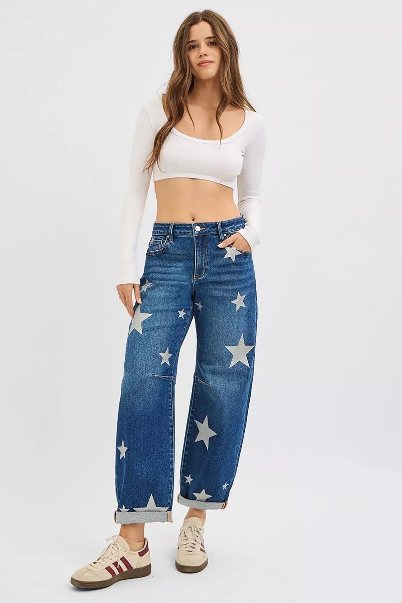 RISEN Mid Rise Ankle Length Relaxed Barrel Star Printed Jeans - MDX Global Store