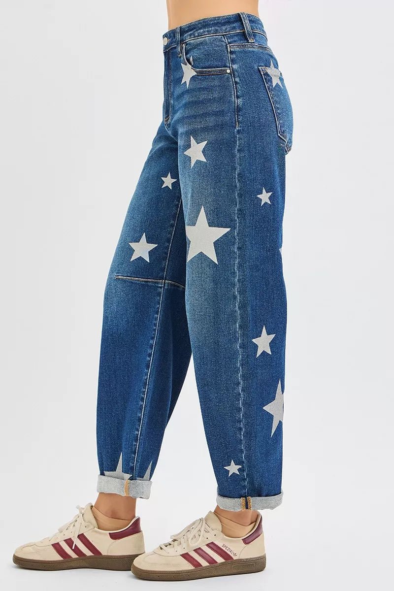 RISEN Mid Rise Ankle Length Relaxed Barrel Star Printed Jeans - MDX Global Store