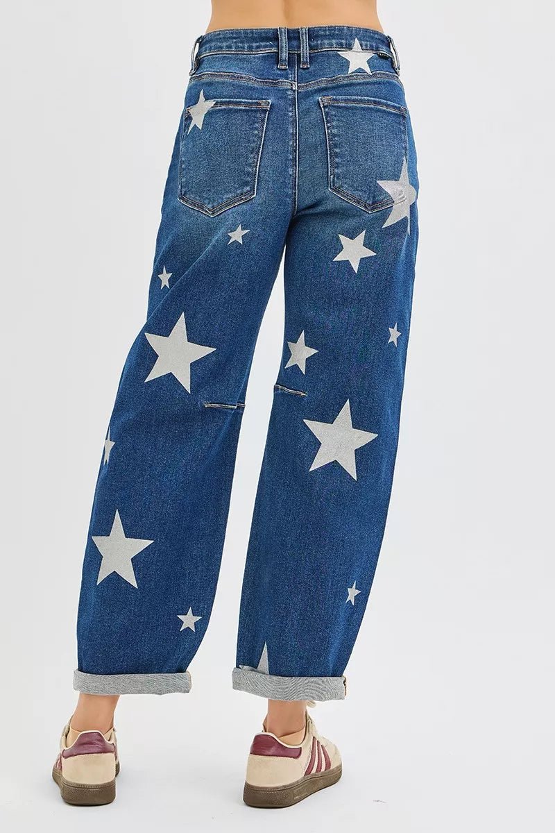 RISEN Mid Rise Ankle Length Relaxed Barrel Star Printed Jeans - MDX Global Store