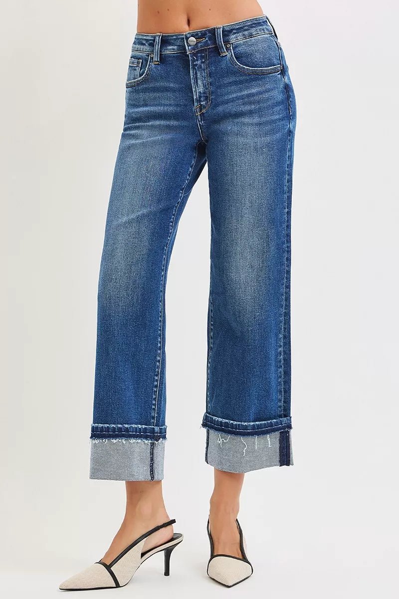 RISEN Mid Rise Ankle Straight Jeans with Cuffed Hem - MDX Global Store