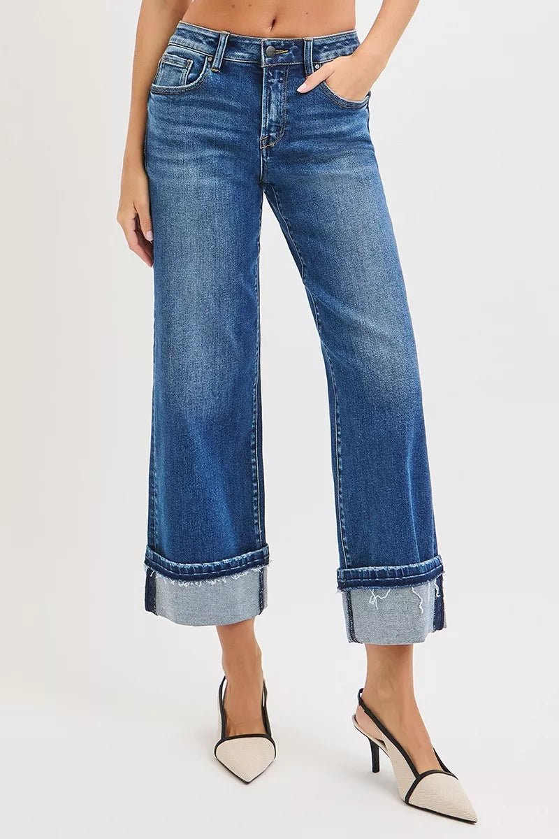 RISEN Mid Rise Ankle Straight Jeans with Cuffed Hem - MDX Global Store