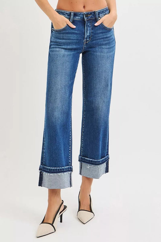 RISEN Mid Rise Ankle Straight Jeans with Cuffed Hem - MDX Global Store