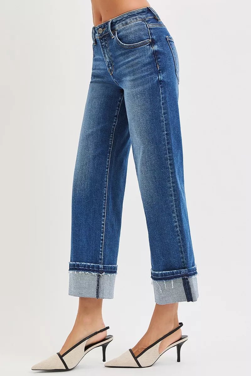 RISEN Mid Rise Ankle Straight Jeans with Cuffed Hem - MDX Global Store