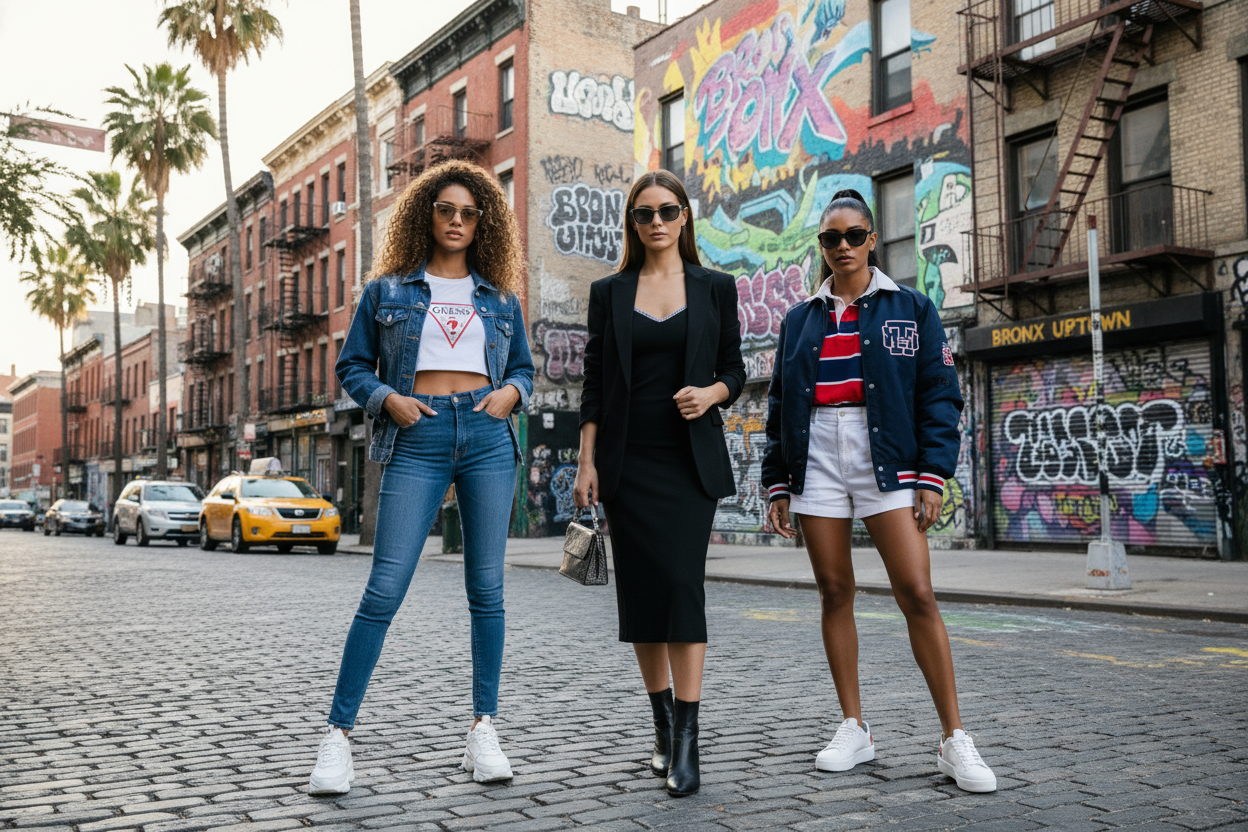 tres chicas influencers posando en el bronx ropa de las marcas guess , Clavin klein tommy Hilfiger