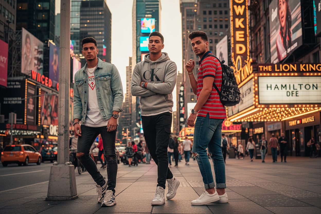 tres muchachos influencers posando en el distrito teatral de New York con ropa guess ,Calvin klein , aeropostal tommy hilfiger